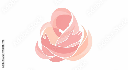 Abstract illustration of a person embracing themselves with soft, flowing lines in shades of pink and peach.