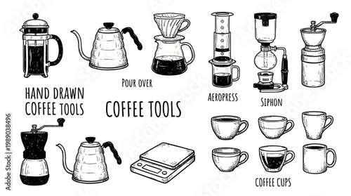 Collection of coffee equipment for manual brew methods isolated vector cliparts. Hand drawn illustrations for coffee shop. Different type of coffee cups, pour over, french press, aeropress, siphon