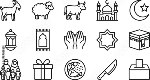 Eid ul Adha web icons in line style. Goat, sheep, cow, mosque, prayer, food, sacrifice, editable stroke, outline icon collection. Vector illustration.
