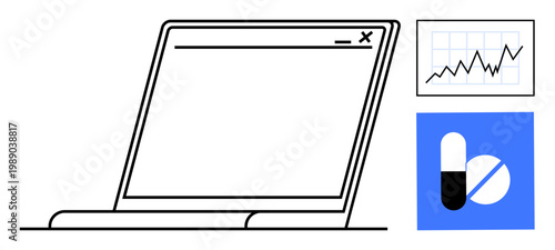Digital health, medical analysis, pharmaceutical trends, online healthcare, data visualization, telemedicine. Laptop screen, a graph and pill icon. Digital health and medical analysis concepts