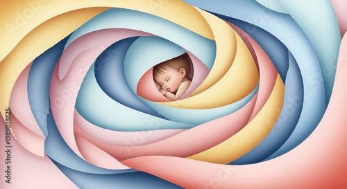Peaceful newborn baby sleeping soundly amidst a vibrant, swirling abstract design of pastel colors, symbolizing comfort and new life.