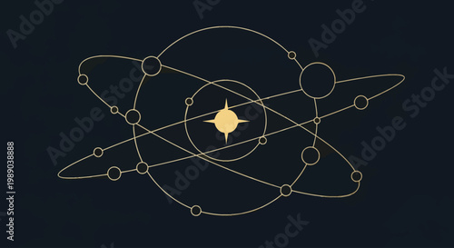 Abstract golden atom or planetary system illustration with orbits and nodes on a dark background.