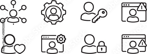 Collection of eight black and white line art icons representing people and security concepts