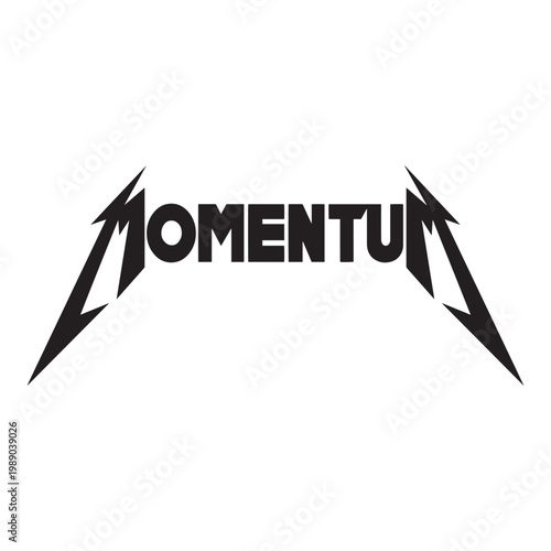 Vector graphic featuring the word "MOMENTUM" in an aggressive, jagged heavy metal font with elongated spiked ends. Bold black lettering in a classic rock band and streetwear aesthetic.