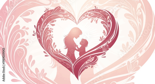 A beautiful illustration of a mother and child silhouette embraced within a decorative pink heart, symbolizing love and maternal bond.