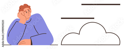 Imagination, self-reflection, creativity, pondering, daydreaming, mindfulness. A person rests their head on their hand beside a cloud. Imagination and self-reflection as central concepts