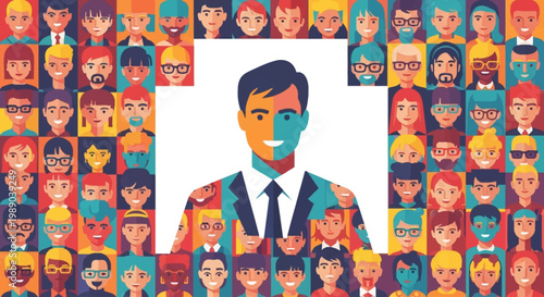 A stylized illustration depicting a central business professional surrounded by a diverse mosaic of many individual cartoon faces, representing community and diversity.