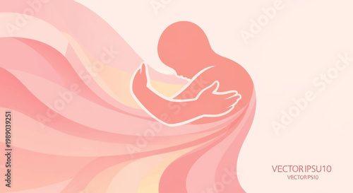 Stylized graphic illustration of a person embracing themselves with flowing pink and peach abstract waves.