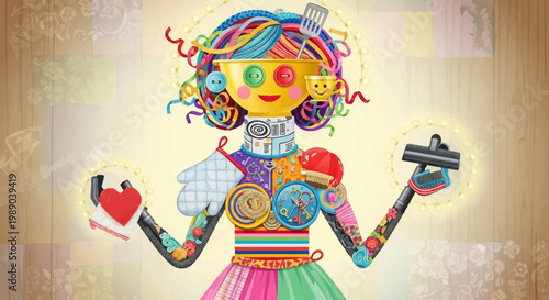 A vibrant and imaginative mixed-media collage depicting a whimsical female figure made from everyday household objects and craft supplies, radiating creativity and domesticity.