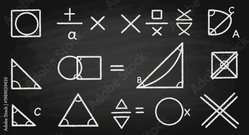 A chalkboard filled with various mathematical symbols, geometric shapes, and equations, rendered in white chalk.