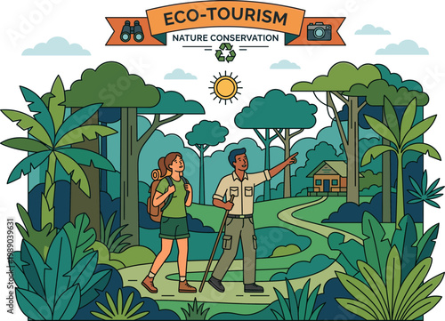 Eco-tourists explore nature reserve with guide pointing at sunny tropical forest