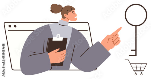 Online shopping, security, e-commerce, password management, digital authentication, business solutions. Woman holding a clipboard and pointing to a key and a shopping cart icon. Online shopping