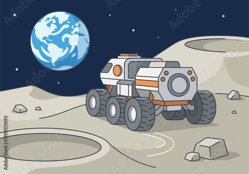 A futuristic rover vehicle explores the lunar surface with Earth in view