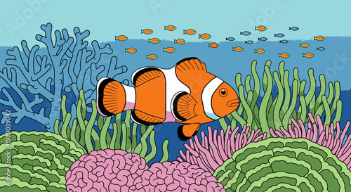 Clownfish swimming near coral reef.