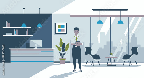 Businessman standing in office lobby area.