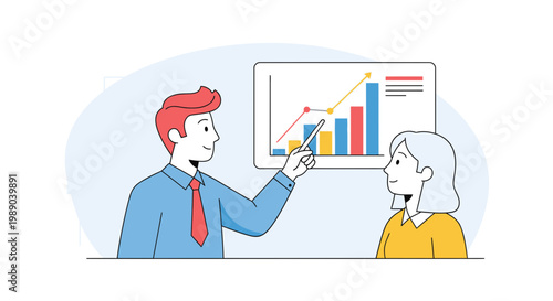 Businessman and woman discussing graph.