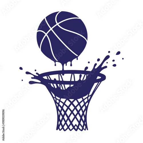 Dark blue basketball going through hoop with splashes on white background, basketball hoop