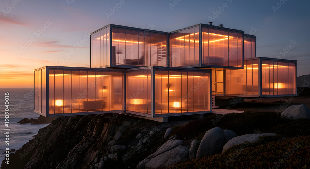 Fototapeta premium Modular glass house glowing on cliff at sunset