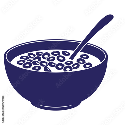 Dark blue bowl of cereal with milk and spoon, on white background, breakfast