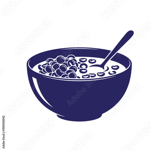 Dark blue bowl of cereal with milk and spoon, on white background, breakfast