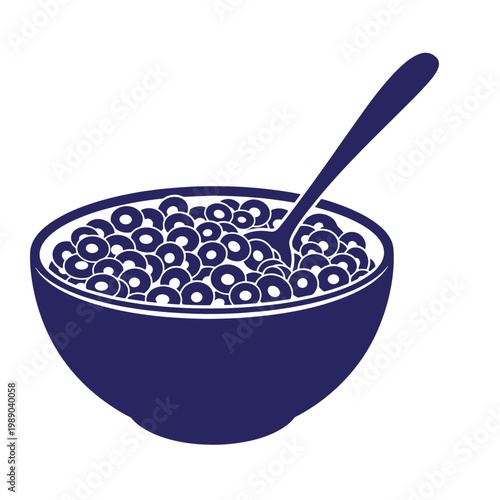 Dark blue bowl of cereal with spoon on white background, breakfast food