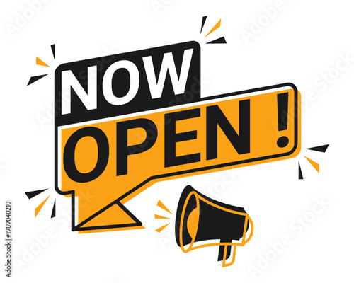 A vibrant illustration announces a grand opening with a megaphone and banner.