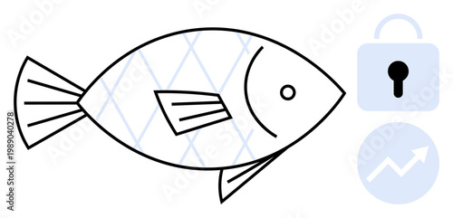 Phishing attacks, cybersecurity, online scams, identity protection, data security, fraud prevention. Fish with lock and growth chart. Phishing attacks and cybersecurity visuals risks and solutions