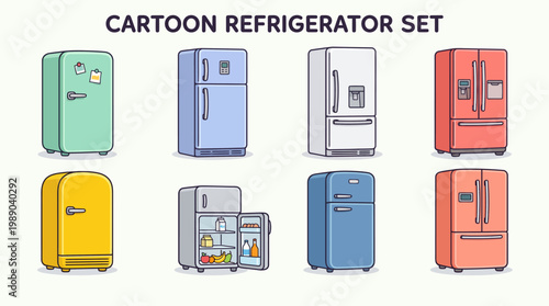 Set of various refrigerator vector icons featuring modern and retro styles in flat design