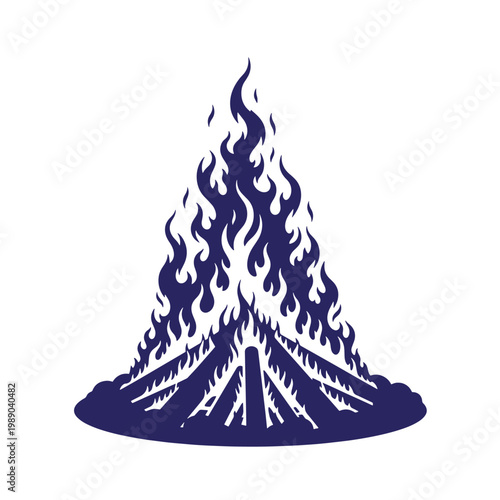 Dark blue flame on white background, burning fire silhouette