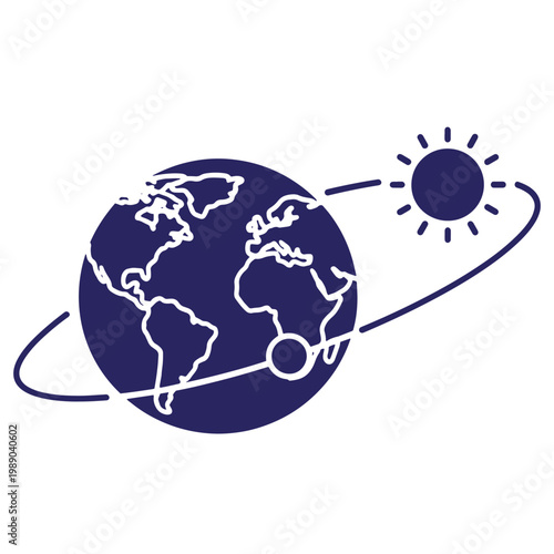 Dark blue globe with white outlines, orbiting sun on white background, black background, not visible earth