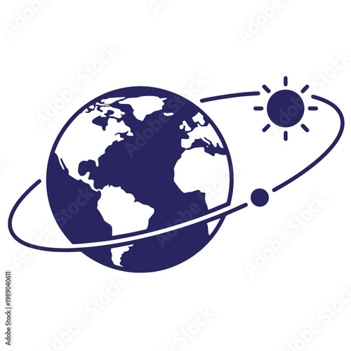 Dark blue globe with continents, orbiting sun and moon on white background, earth