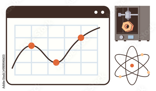 Data visualization, technology, innovation, scientific research, 3D printing, engineering. Graph with line chart, 3D printer atom symbol. Data visualization and technology concept