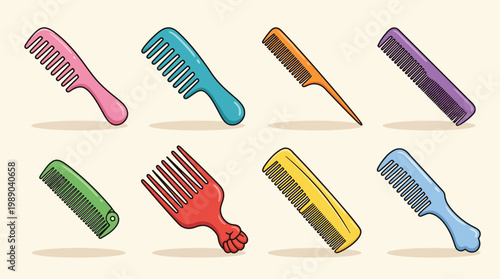 Set of colorful hair comb and brush vector icons in cartoon style