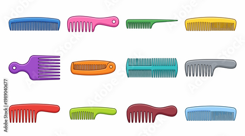Large set of assorted colorful hair comb vector icons in cartoon style