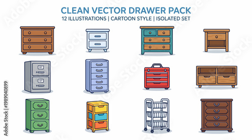 Set of vector drawer and storage cabinet illustrations in cartoon style