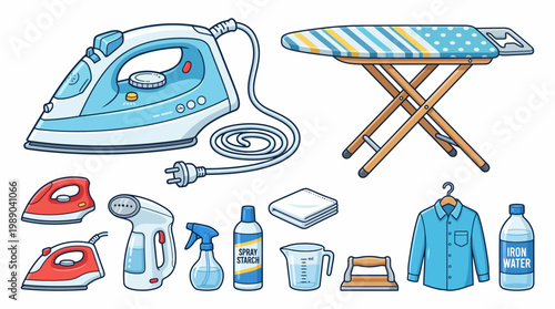 Laundry and ironing equipment collection with steam iron and folding board