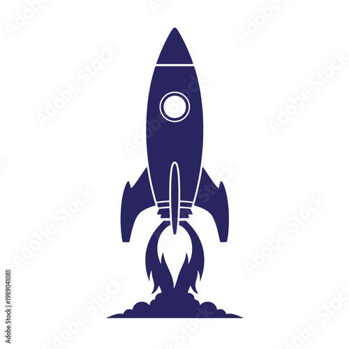 Dark blue rocket ship launching, with flames and smoke on a black background, is not present, white background instead