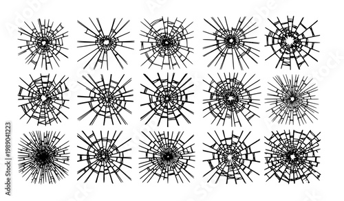 versatile vector pack of shattered glass crack effects designed with sharp broken lines and impact fractures. Features multiple crack styles including radial, circular, and scattered break patterns. I