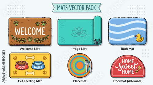 Collection of various household mats including welcome mat yoga mat and bath mat