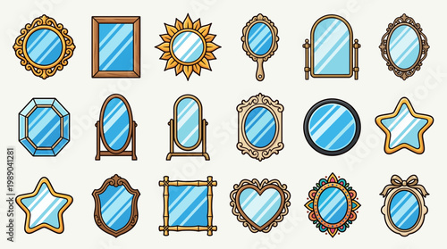 Set of vintage and modern mirrors in various decorative frames isolated on white background