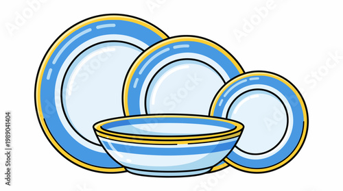 Ceramic dinnerware set with blue and gold trim plates and a matching bowl
