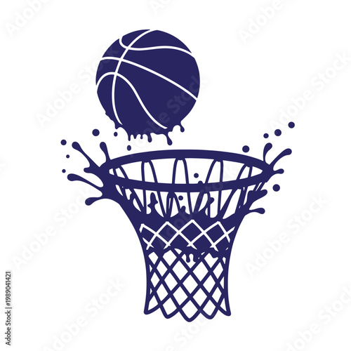 Navy blue basketball going through hoop with splash effect on black background, white lines
