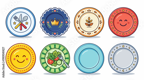 Collection of colorful decorative plates with cute patterns and food illustrations