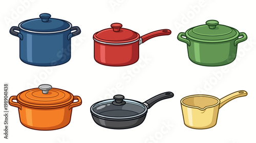 Set of colorful kitchen pots and pans including casserole dish and milk pitcher
