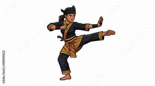 Female martial arts fighter performing a side kick in traditional black and gold silat attire