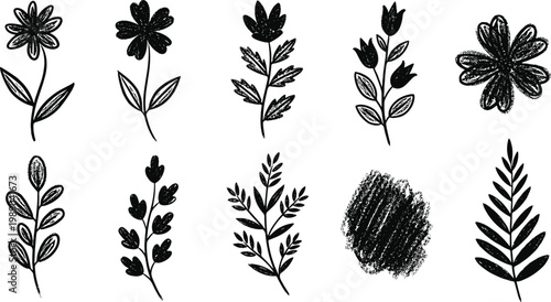 Bold Hand Drawn Botanical Sketch Set with Heavy Ink Floral Silhouettes, Textured Leaf Sprays, and Organic Garden Elements for Artisanal Branding and Stationery