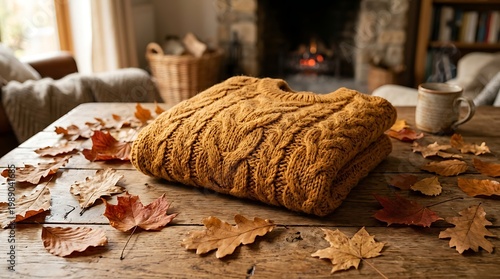 Autumn leaves surround a cozy sweater on a wooden table indoors.