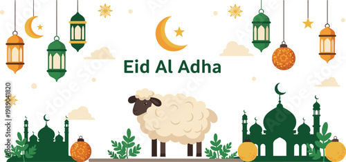 Vibrant Eid al Adha Mubarak Horizontal Banner with Green Mosque Silhouettes, Large Sacrificial Sheep Character, Hanging Gold Lanterns, and Festive Islamic Decorations