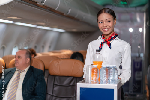 Foto A smiling flight attendant standing in airplane aisle with pushing service cart