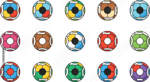 Abstract Geometric Soccer Ball Icon Set with Colorful Patchwork Patterns, Bold Outlines, and Vibrant Multi-Color Sports Ball Graphics for Gaming and Digital Media